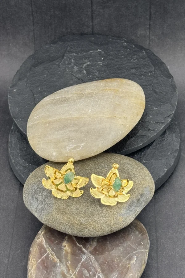 Sacred-Lotus-earrings-crafted-in-18k-gold-plated-bronze-with-a-young-emerald-in-the-center